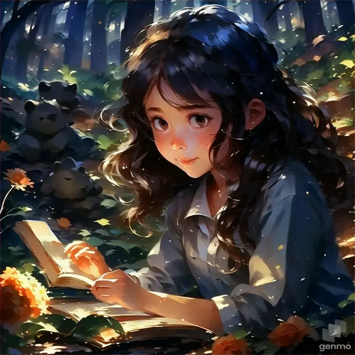 a little girl reading a book in the woods