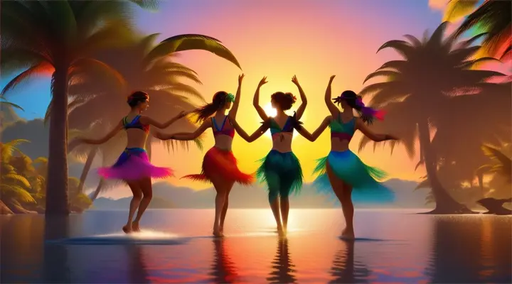 4 people dance, with vivid birds, over a sunny jungle lake shore