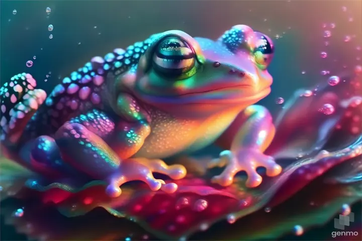 a colorful frog sitting on top of a leaf