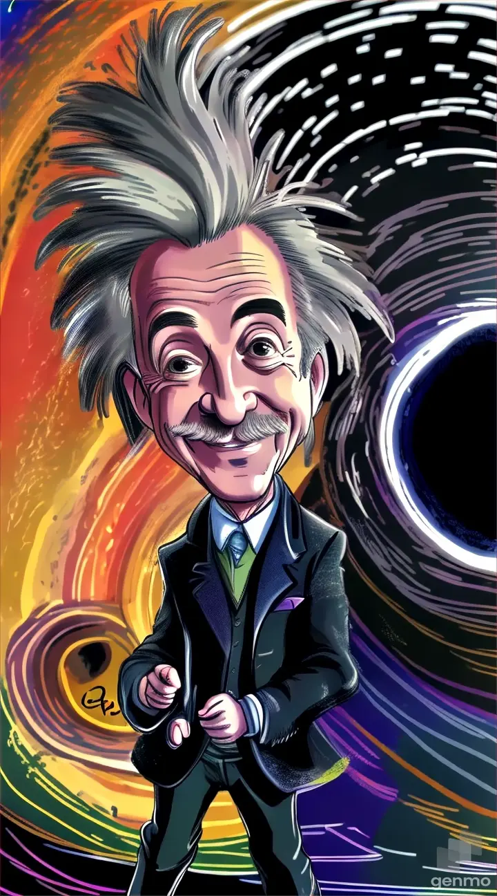 a caricature of a man standing in front of a black hole