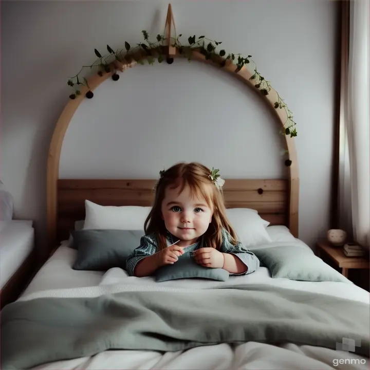 Ein kleines Mädchen schläft in einem Bett, das aussieht, als wäre es aus einem Märchenwald geschnitzt. Die Bettpfosten sind wie Baumstämme geformt, und von den Zweigen hängen kleine Lichterketten, die wie Glühwürmchen in der Nacht glitzern. Über dem Bett spannt sich ein Baldachin aus feinem, grünen Netzstoff, der an ein Blätterdach erinnert.

Das Mädchen liegt auf ihrer Seite, ihr Gesicht ist sanft zur Seite geneigt, und ihre Wangen sind sanft gerötet. Ihre langen Wimpern ruhen friedlich auf ihrer Haut, und ihre Lippen formen ein leichtes Lächeln. Ein beruhigendes Geräusch von plätscherndem Wasser, das von einem kleinen Zimmerbrunnen stammt, füllt den Raum und verstärkt das Gefühl einer verwunschenen Lichtung. Sie hat sich in eine Decke aus feinstem Samt eingewickelt, ihre kleine Hand hält eine Plüschfee, die dicht an ihrem Gesicht ruht. Die Luft ist erfüllt von einem sanften Blumenduft, und draußen scheint der Mond durch das Fenster, taucht das Zimmer in ein magisches, silbernes Licht. Ihr friedlicher Ausdruck verrät, dass sie von fantastischen Abenteuern träumt.