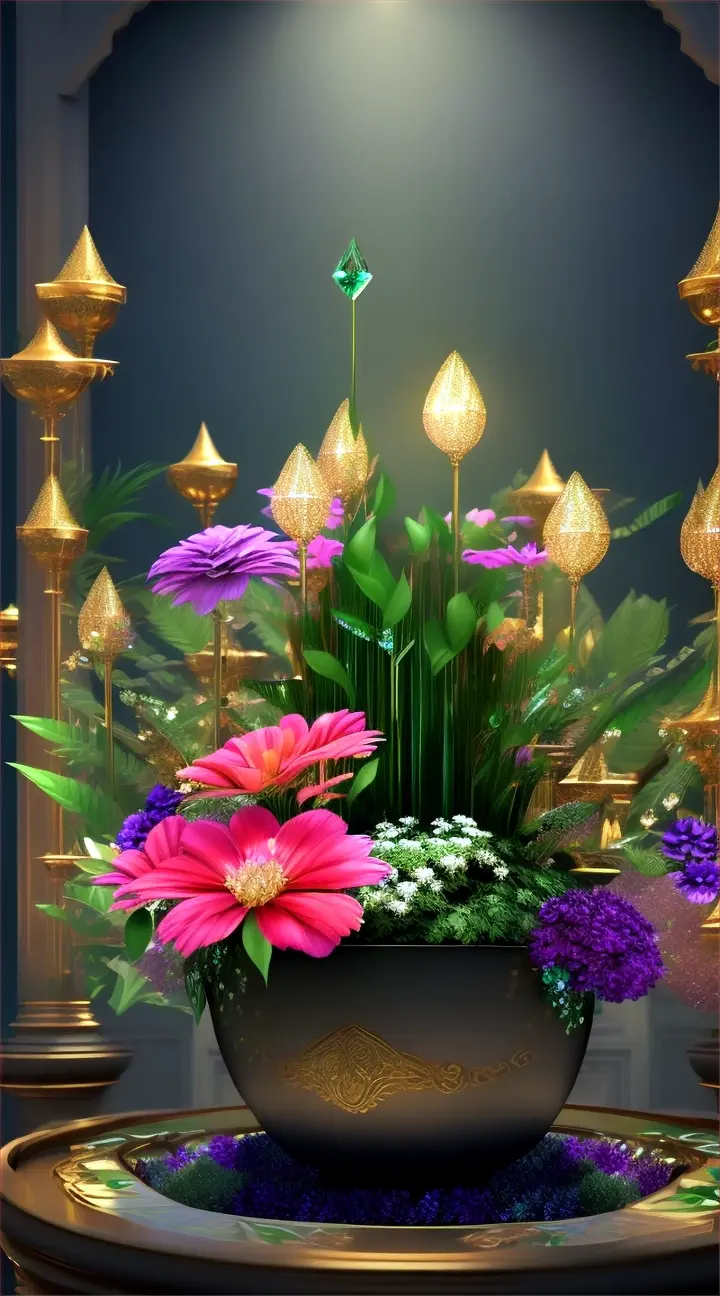 “Create 3d tall beautiful luxurious exquisite brilliant sparkling dazzling green diamond stems with diamond green leaves with diamond crystal like colorful exquisite luxurious flowers, growing through dark sparkling dirt in an opulent flower garden paradise of complete splendor”
