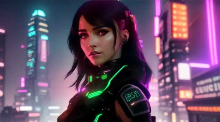 cyberpunk girl with sleek, plant-like body harnesses in a futuristic city jungle