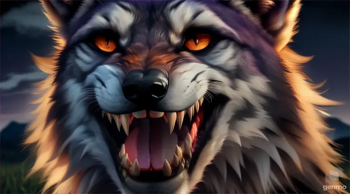 a picture of a werewolf with its mouth open, Pantone colors, twilight