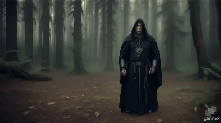 zoom out, a picture of a male evil Caribbean shaman, cloaked in black robe, in a forest, Pantone colors, twilight, extreme wide angle