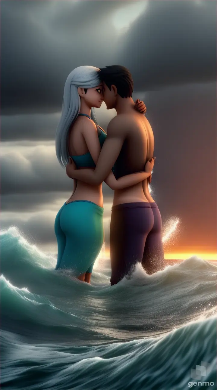 3d cartoons, personality: Ravi and Nisa comforting each other during a storm at sea. The dark clouds and raging waves should create a sense of tension, while their supportive gestures and expressions show solidarity and resilience. Unreal engine, hyper real --q 2 --v 5.2 --ar 16:9