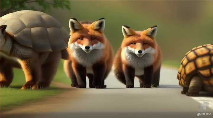 make an animated video of a fox, bear, and snail all watching in amazement toward the tortoise as he was winning the race