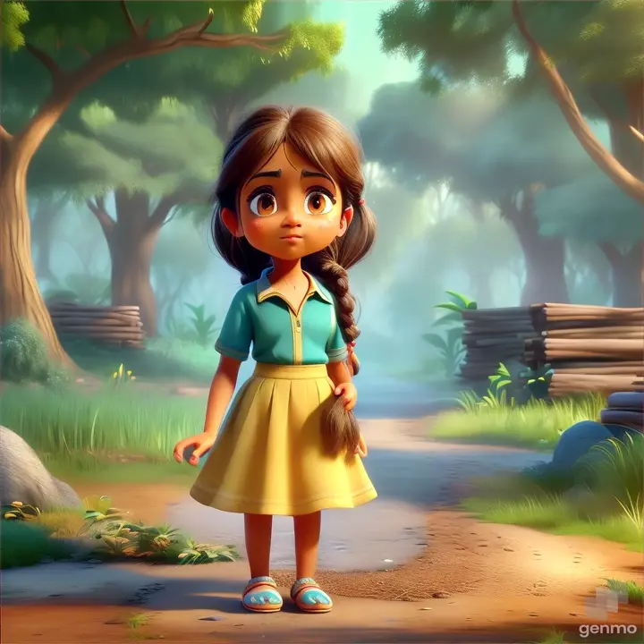 beautiful poor  brown girl wearing a light yellow skirt and blue blouse wearing a blue slipper  with a messy braid   standing in a forest  3D animation cartoon  indian style zoom out 