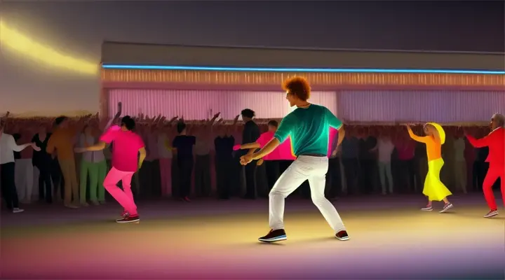 The man joins a dance club in an open square with people dancing.  In the scene in the square there are: Boombox, colorful clothes, cheerful crowd.