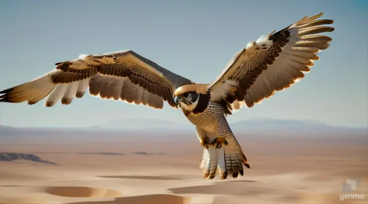 A falcon soars in the desert, giving a sense of action and adventure. The details of the bird are exquisite, and it shines with an elegant and powerful design. The photo is of high quality and was taken with a Canon EOS R5 camera with a 35mm lens.