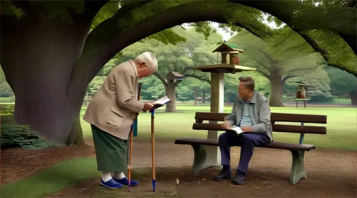 An elderly person with a walking stick shares wisdom through a book with a man on a park bench under a large tree.  In the park scene there is a bird feeder