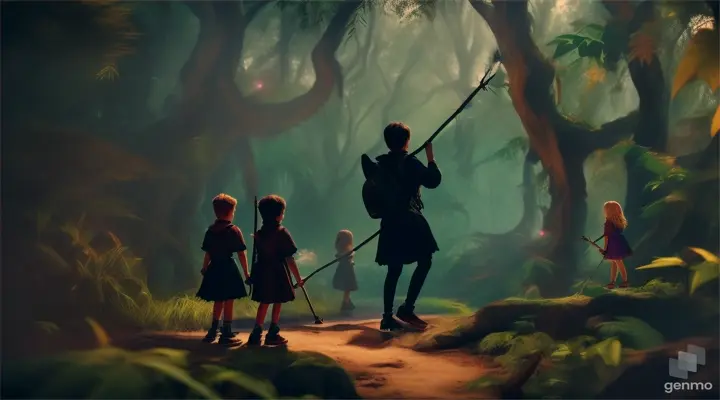 Magical world evail boys and girls holding migical sticks and find something in jungles