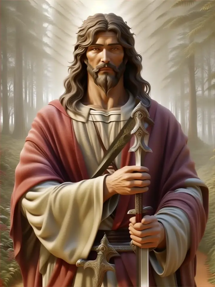 a painting of god holding a sword in a forest