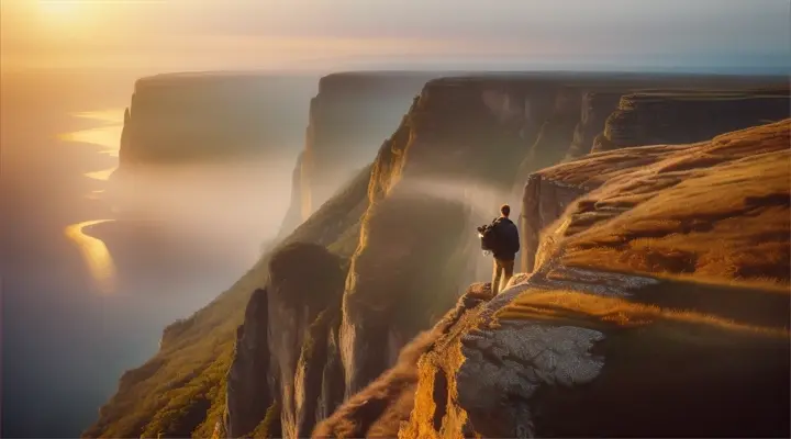 A man who captures wonderful moments with a camera in various picturesque places.  On the scene there are: photo album, sparkling sceneries