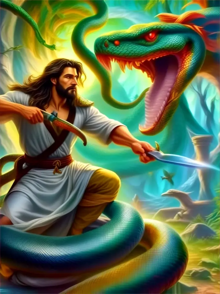 a painting of god with a snake and sword