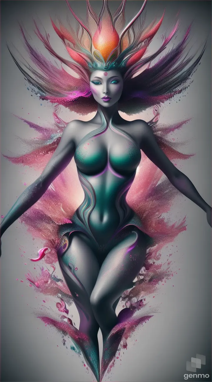 Hyper-fantasy image of female figure dynamically emerging from berries shake, splashing and exploding, creation and wild  . Hyper-realistic image, great details, gray details