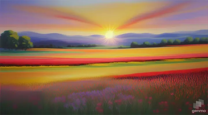 a painting of a field of flowers with the sun in the background
