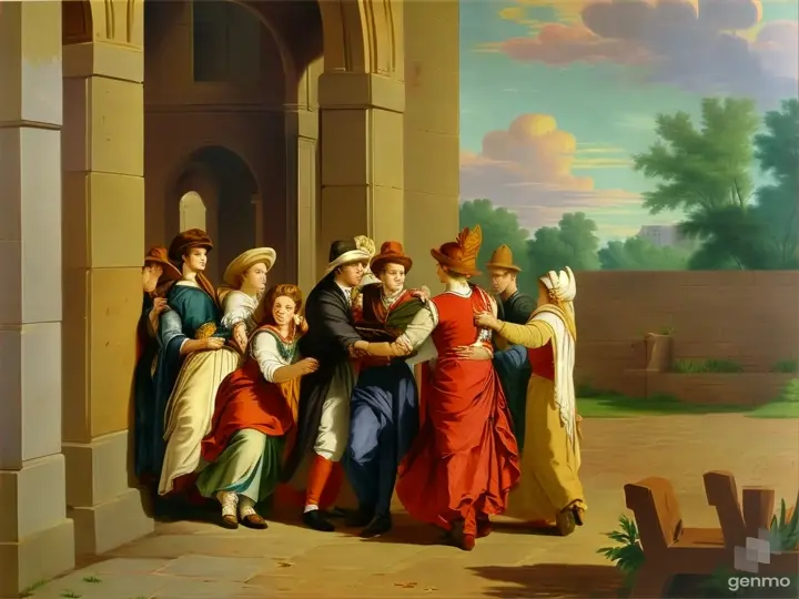 a painting of a group of people in a courtyard