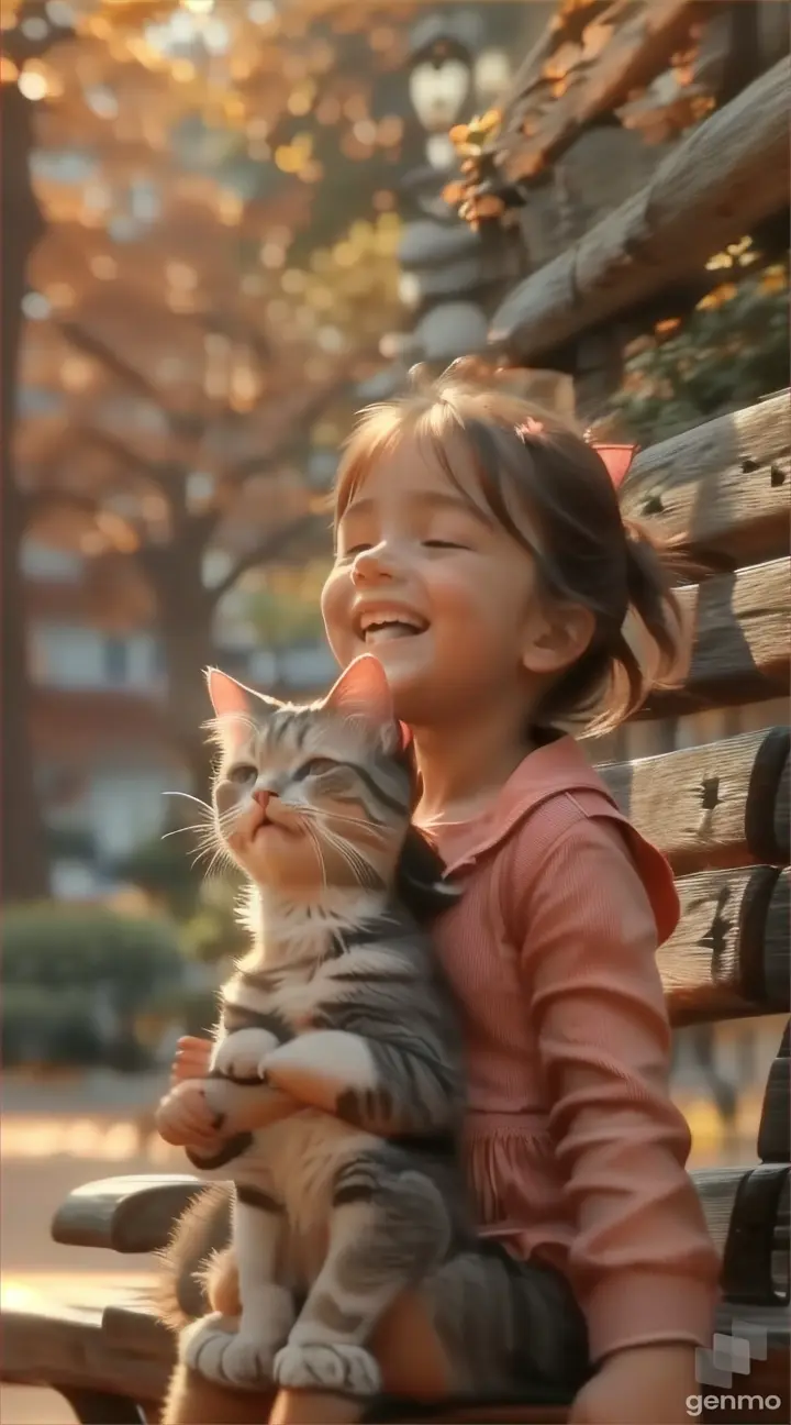 a little girl that is sitting on a bench with a cat