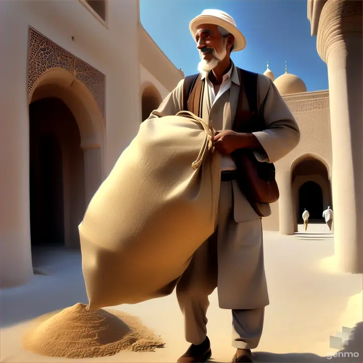 a man carrying a large bag of sand in a courtyard