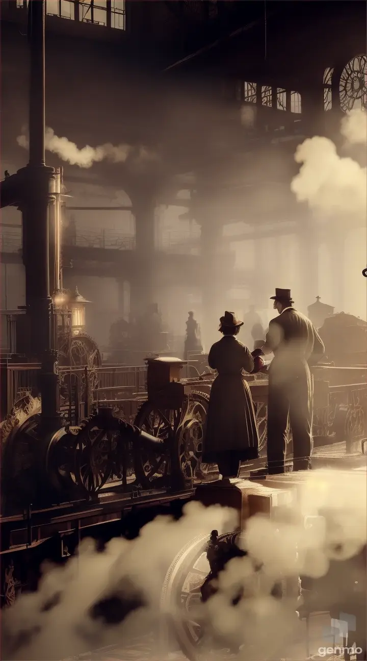 A sepia-toned rendering of a bustling industrial factory with steam-powered machines and workers in period clothing.