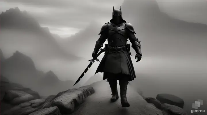 A dark fantasy knight walk throught the dark land, a world of stones, rocks and mountains cover by a deep fog