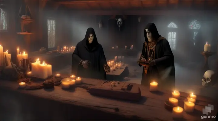 a picture of a male evil Caribbean shaman, handing over A POTION, cloaked in black robe, inside old wooden house, bones everywhere and a coffin with candles, Pantone colors, twilight, extreme wide angle