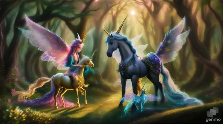 creation of a 3 sparkling fairies   met with single flying  unicorn 16:9 