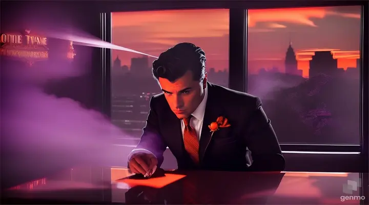 Gangster boss silhouetted against orange and purple lit skyline, from the inside of an art-deco style room