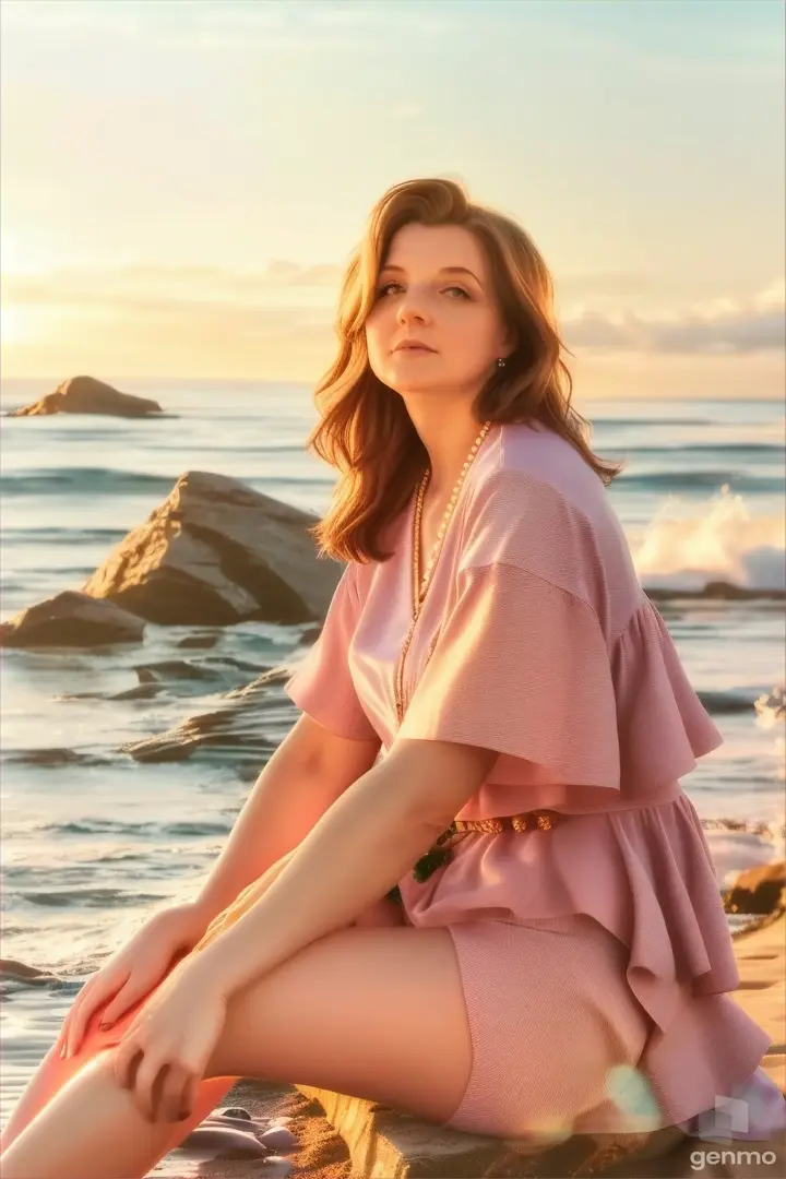 a woman sitting on a beach next to the ocean