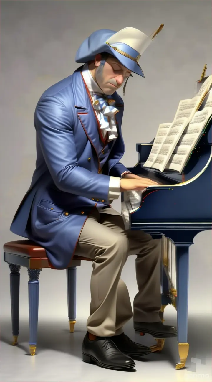 a man in a blue coat playing a piano