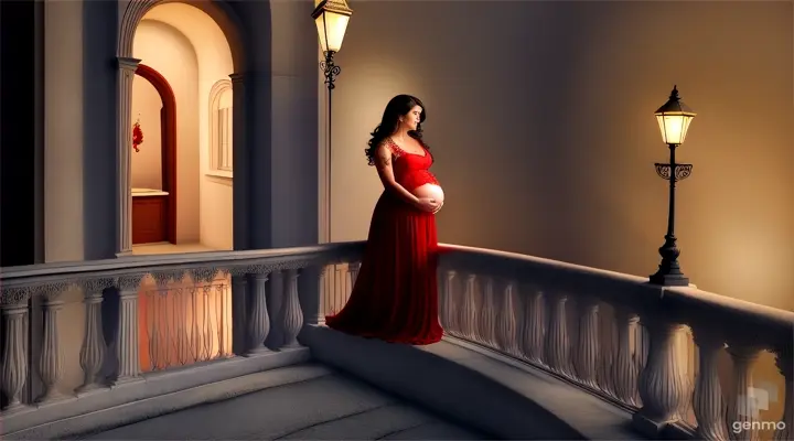 A pregnant woman in a long red dress with shoulder tattoos standing on a romantic balcony overlooking a historic winding street with antique lamps, in the style of a modern painting