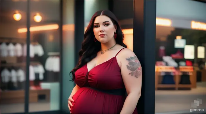 a beautiful pragnent Russian woman plus size Long hair shoulder tattoos in a dark red and black mini summer dress broad neck in a clothes store posing for a picture