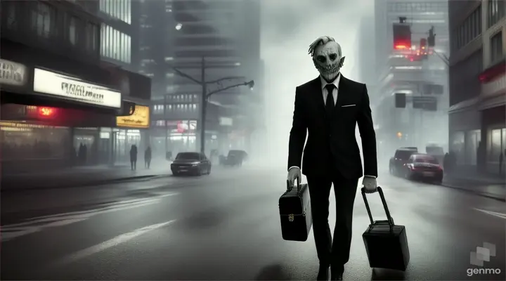 hideous ghoul in a suit going to work with a briefcase. landscape size video.