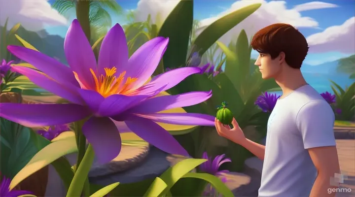 Cartoon very beautiful 25 years old king near purple Lilly flower conversation in island 