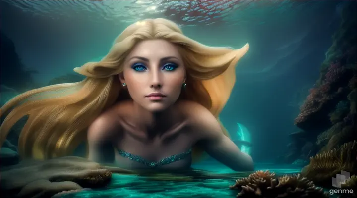 (masterpiece, best quality), close up, A beautiful blonde mermaid with piercing eyes glancing down towards the ground, in the ruins of Atlantis. a dark and moody atmosphere deep depths of the ocean, sea floor, ground, water motion,