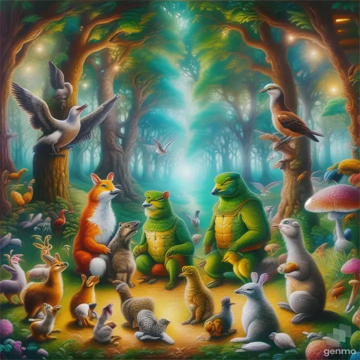a painting of a forest with animals and birds