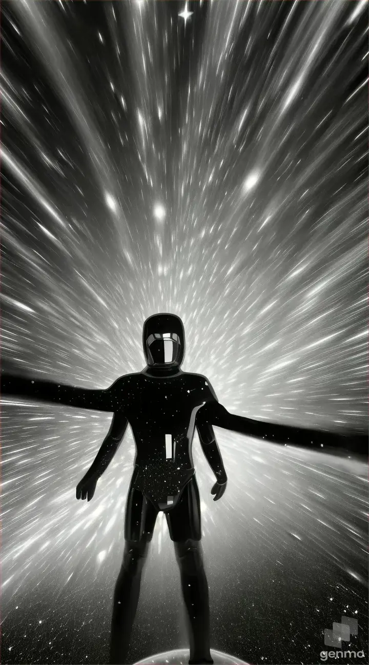 A figure falling into a glittering galaxy, with the stars raining down around them in a surreal, sparkling shower Black and white composition black figure above flat earth  