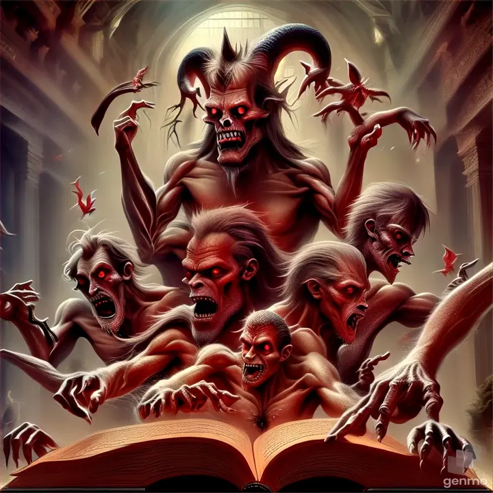 an open book with demonic creatures surrounding it