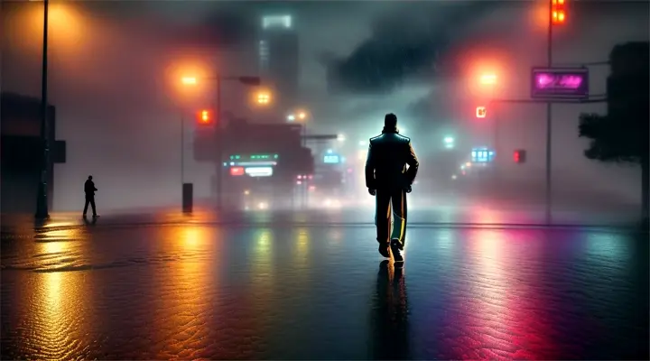 A man walks down a deserted street with the city lights glowing behind him, it's pouring rain and suddenly a rainbow appears in the sky above him.