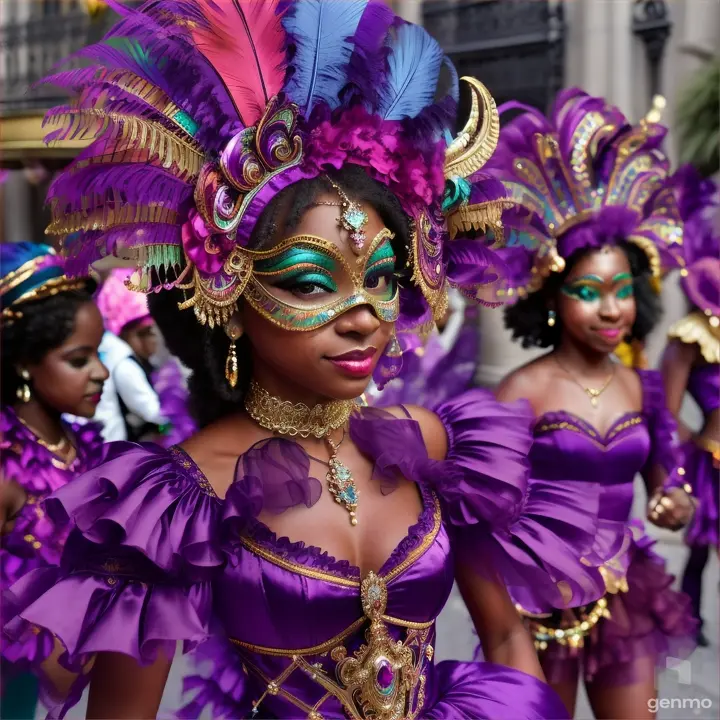 Mardi Gras carnival in New Orleans, young creole girls wearing a mask and decorative purple and violet clothing.