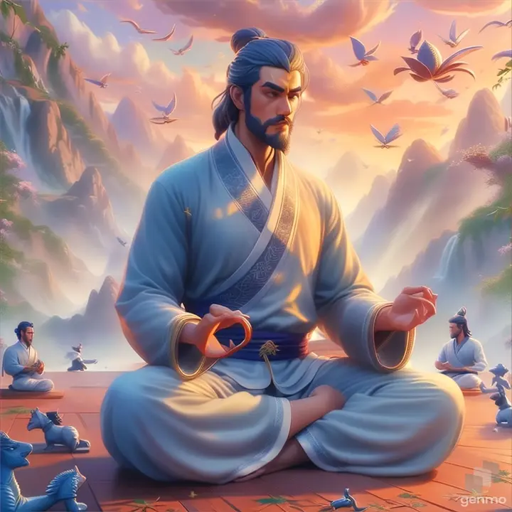 a painting of a man sitting in a lotus position