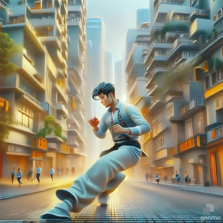 a man running down a street in a city