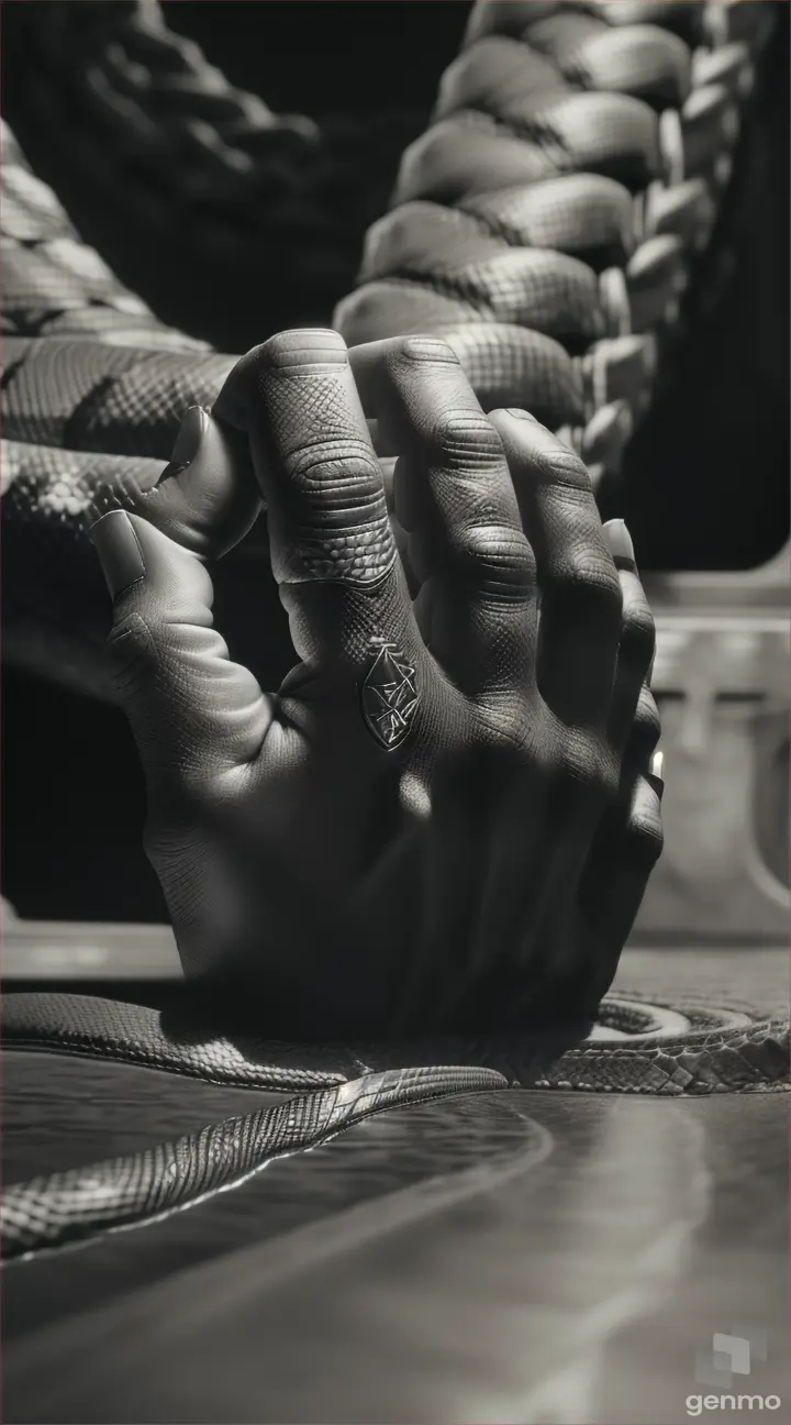 A big human hand with five finger on bridge with snake skin