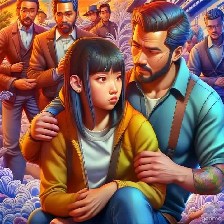 a man and a little girl sitting next to each other in front of a mural