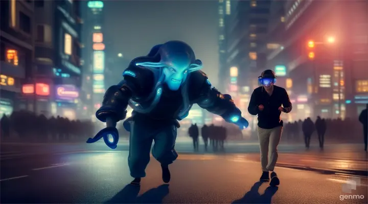 Closeup human with blue octopus head attacking man in habbit on open street in busy future city at night. Half human parts are scattered on the pavement. In the sky, drones are seen flying in the sky. Cinematic lighting