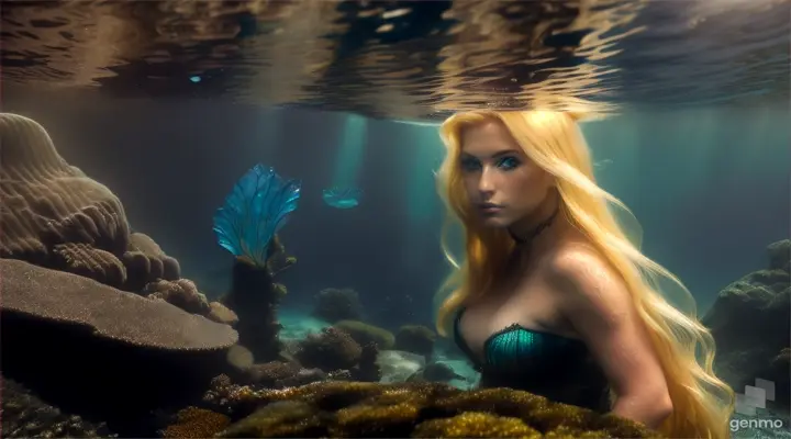 (masterpiece, best quality), close up, A beautiful blonde mermaid with piercing eyes glancing down towards the ground, in the ruins of Atlantis. a dark and moody atmosphere deep depths of the ocean, sea floor, ground, water motion,