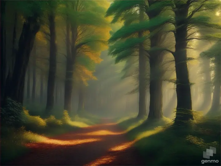 a painting of a forest filled with lots of trees