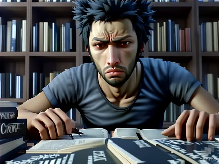 a man sitting at a table in front of a book