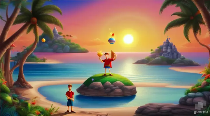 Cartoon beautiful 25 years old king cache the hands magical boll and Seward in island 